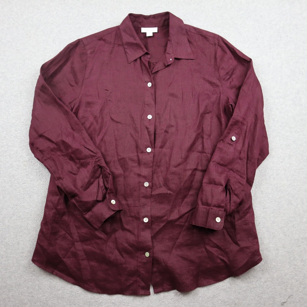 J. Jill Shirt Womens XS Love Linen Burgundy Button Down Long Sleeve Roll Tab